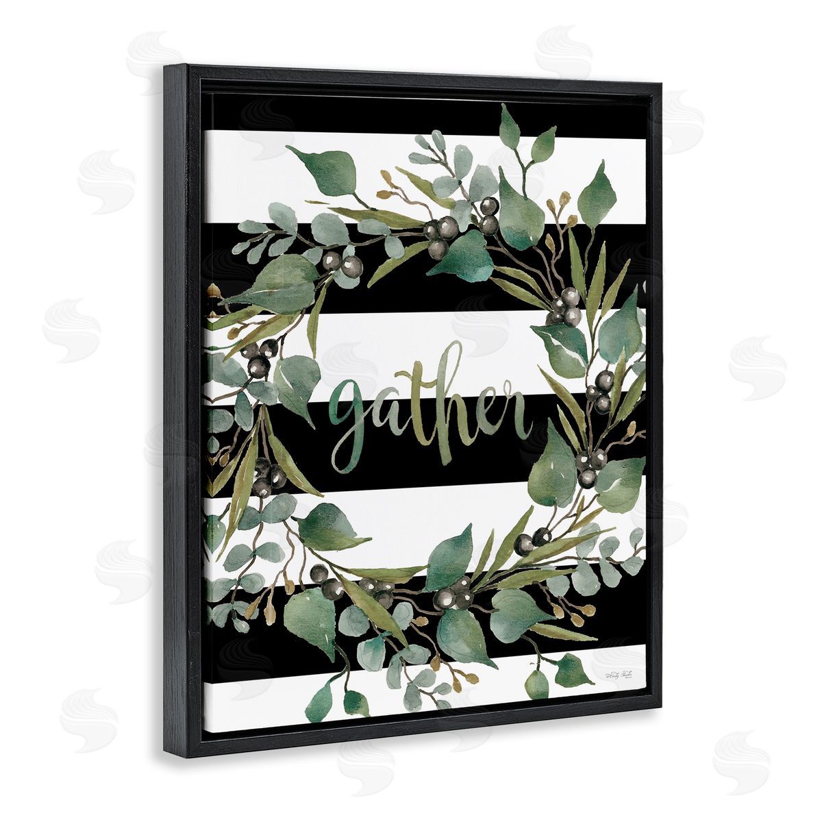 Cindy Jacobs Gather Calligraphy Stripes Pattern Wreath Botanicals Leaves Black Floating Frame Canvas Wall Art Print