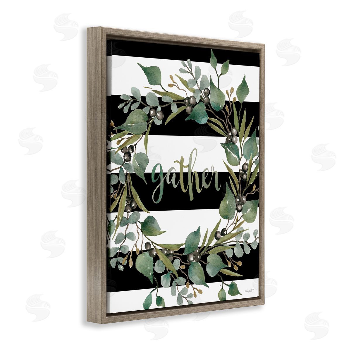 Cindy Jacobs Gather Calligraphy Stripes Pattern Wreath Botanicals Leaves Brown Floating Frame Canvas Wall Art Print