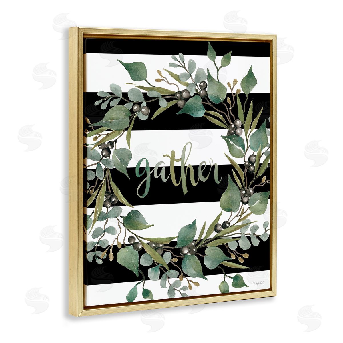 Cindy Jacobs Gather Calligraphy Stripes Pattern Wreath Botanicals Leaves Gold Floating Frame Canvas Wall Art Print