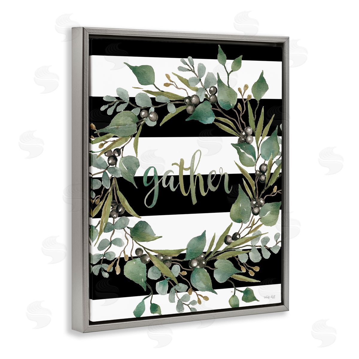 Cindy Jacobs Gather Calligraphy Stripes Pattern Wreath Botanicals Leaves Gray Floating Frame Canvas Wall Art Print