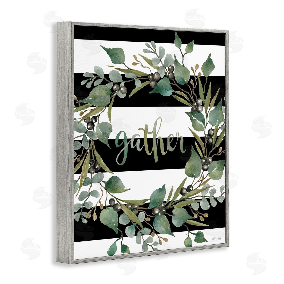Cindy Jacobs Gather Calligraphy Stripes Pattern Wreath Botanicals Leaves Gray Framed Giclee Wall Art Print