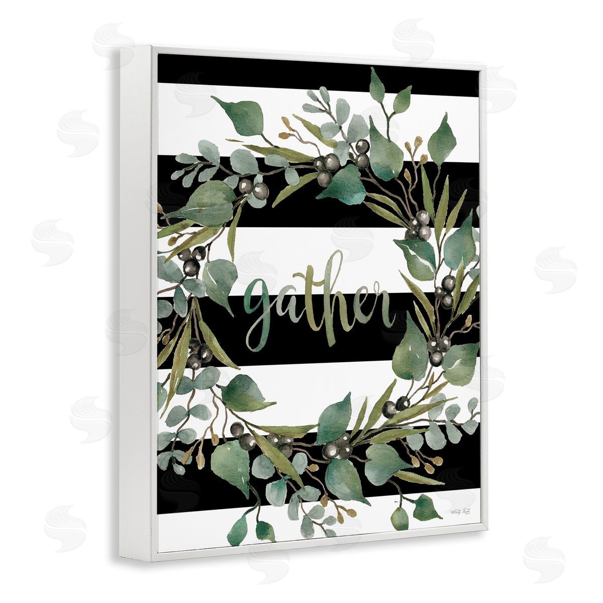 Cindy Jacobs Gather Calligraphy Stripes Pattern Wreath Botanicals Leaves White Framed Giclee Wall Art Print