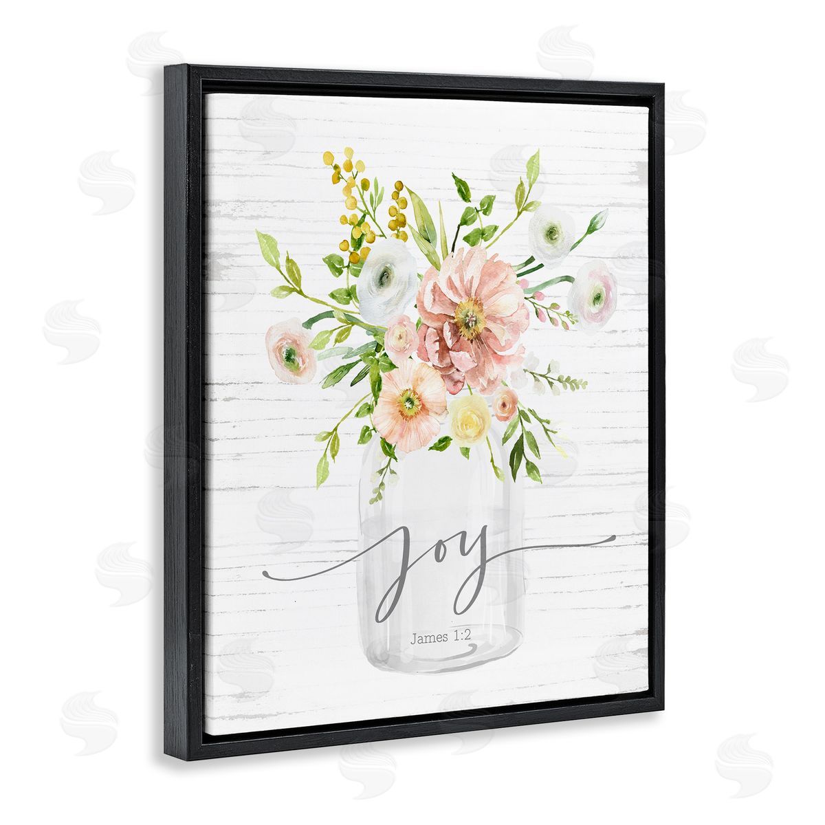 Lettered and Lined Country Bouquet Floral Arrangement Religious Joy Script Black Floating Frame Canvas Wall Art Print