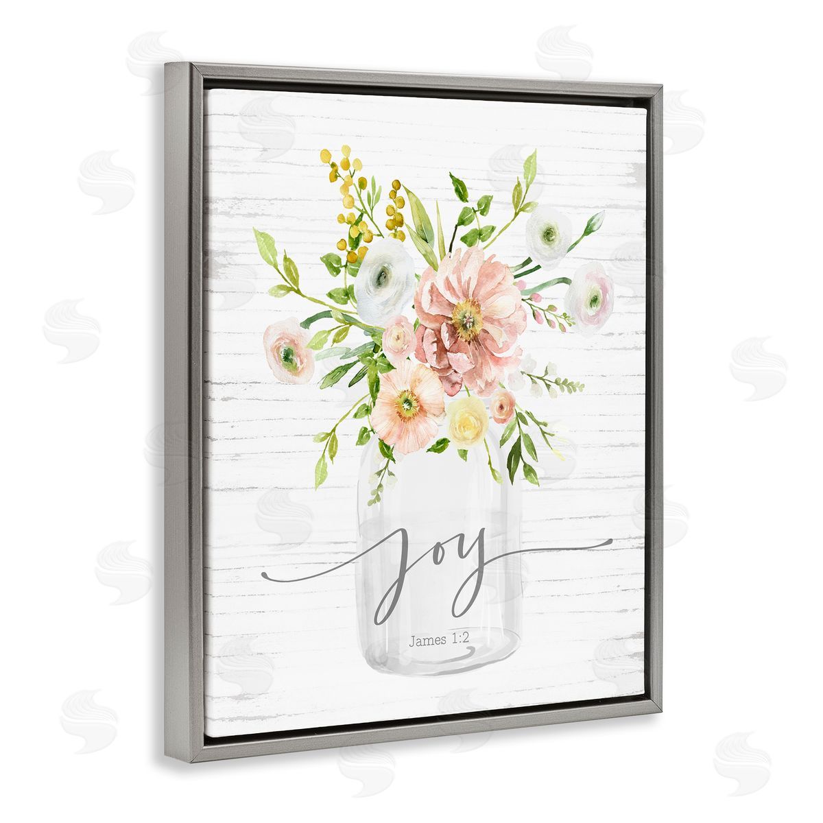 Lettered and Lined Country Bouquet Floral Arrangement Religious Joy Script Gray Floating Frame Canvas Wall Art Print