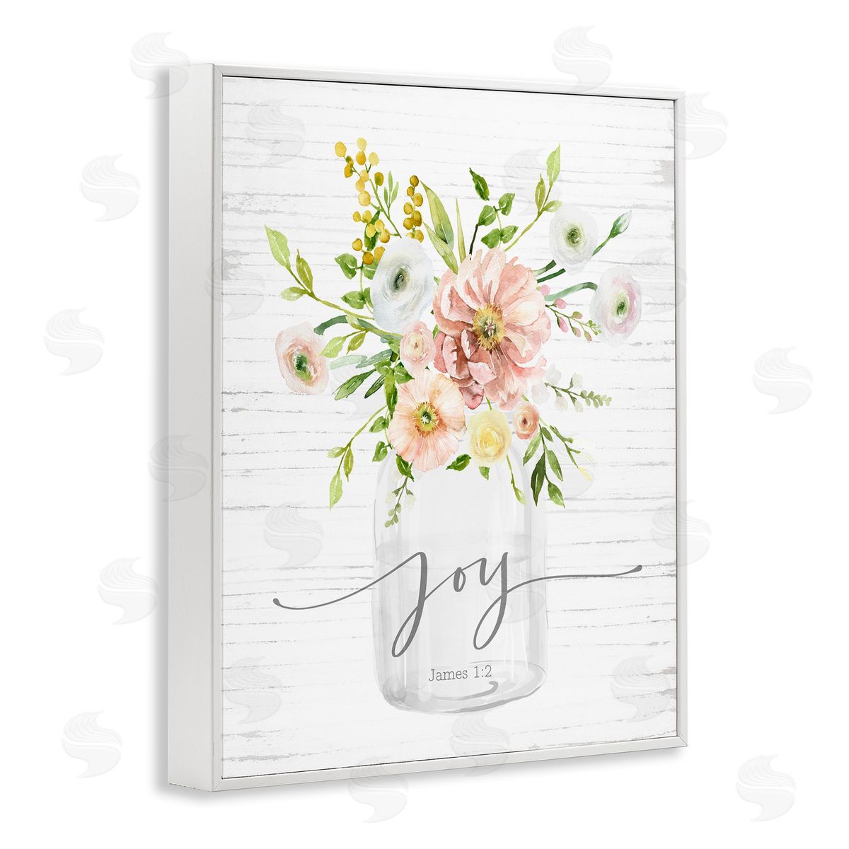 Lettered and Lined Country Bouquet Floral Arrangement Religious Joy Script White Framed Giclee Wall Art Print