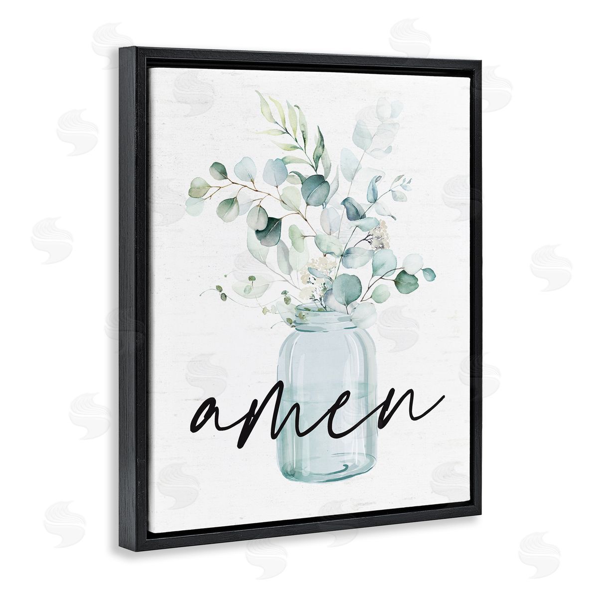 Lettered and Lined Amen Religious Calligraphy Eucalyptus Botanicals Country Jar Black Floating Frame Canvas Wall Art Print