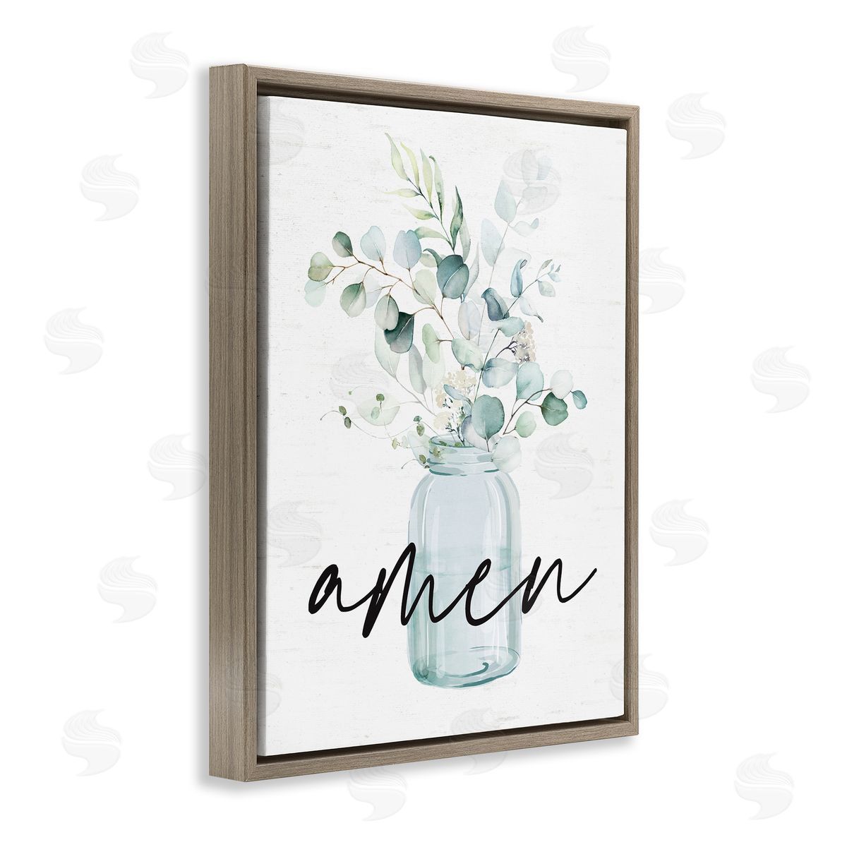 Lettered and Lined Amen Religious Calligraphy Eucalyptus Botanicals Country Jar Brown Floating Frame Canvas Wall Art Print