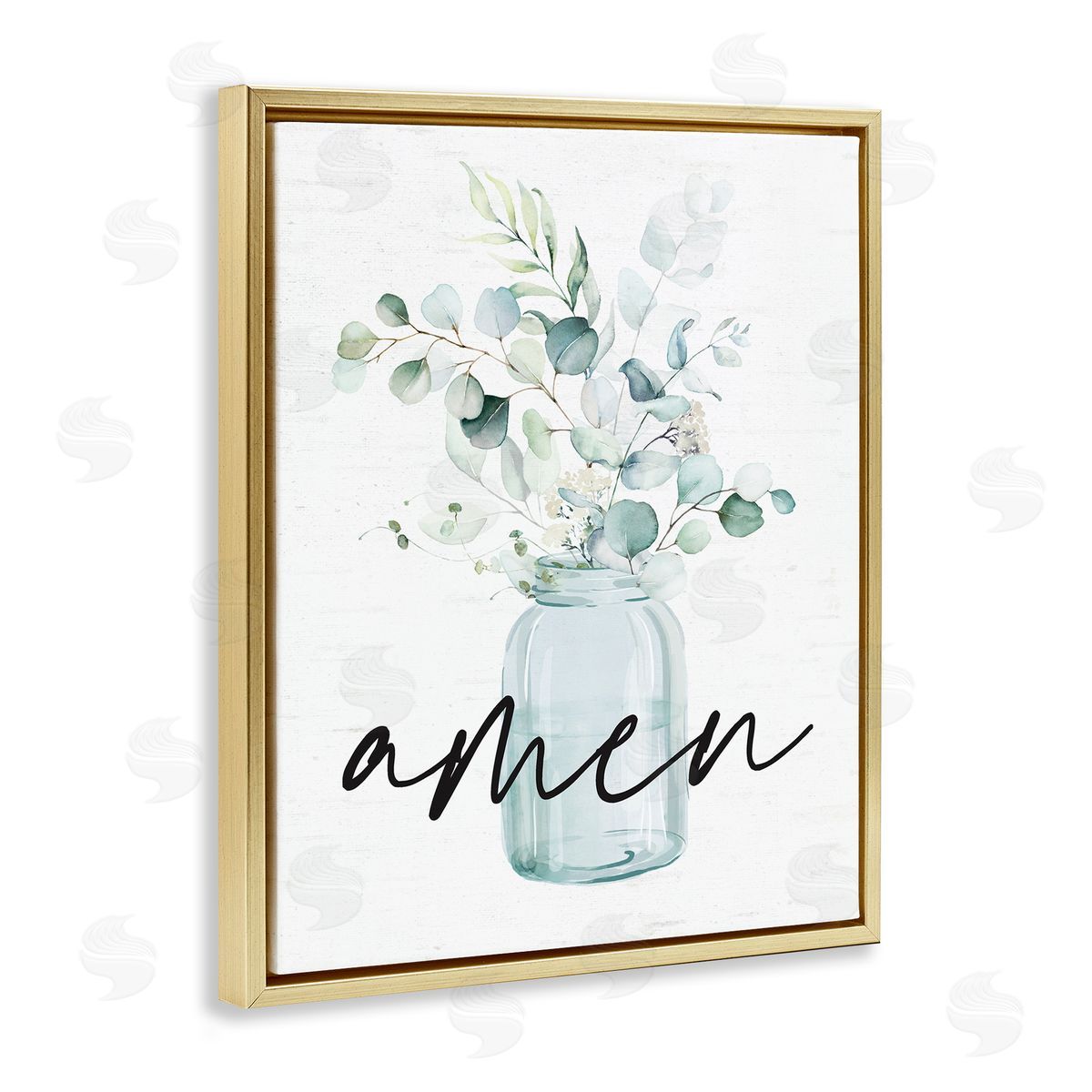 Lettered and Lined Amen Religious Calligraphy Eucalyptus Botanicals Country Jar Gold Floating Frame Canvas Wall Art Print