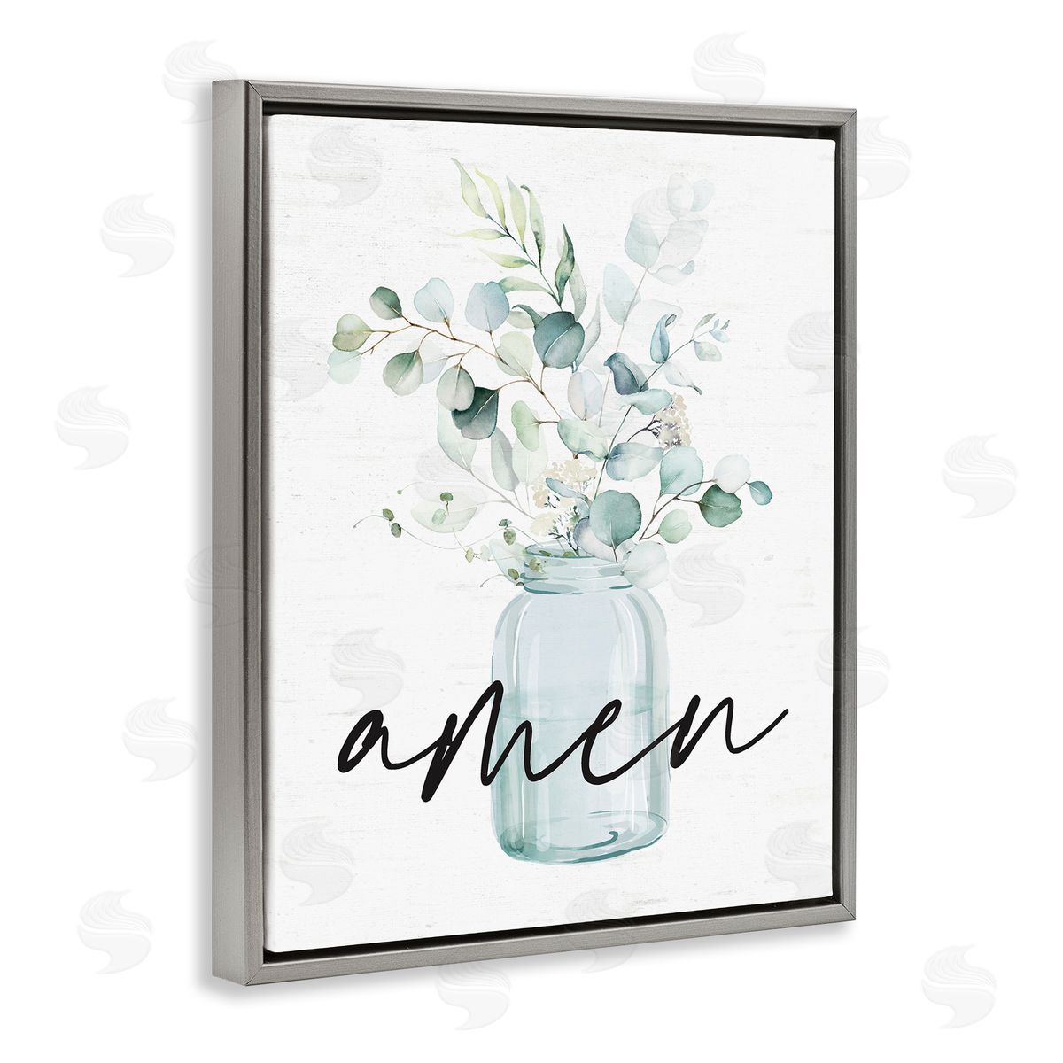 Lettered and Lined Amen Religious Calligraphy Eucalyptus Botanicals Country Jar Gray Floating Frame Canvas Wall Art Print