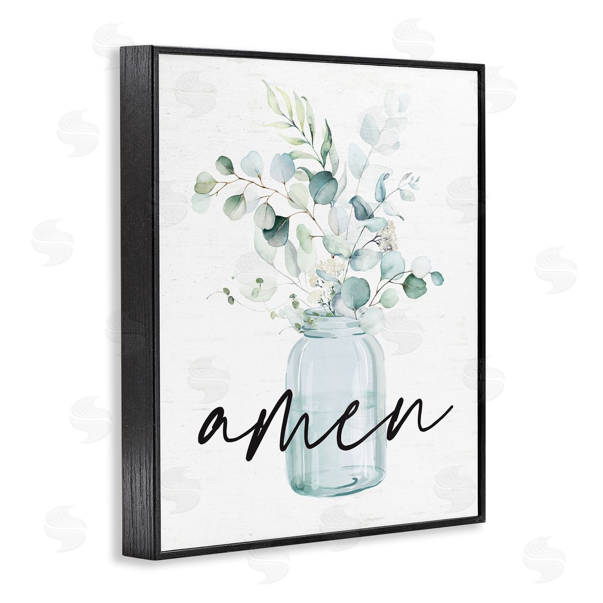 Lettered and Lined Amen Religious Calligraphy Eucalyptus Botanicals Country Jar Black Framed Giclee Wall Art Print