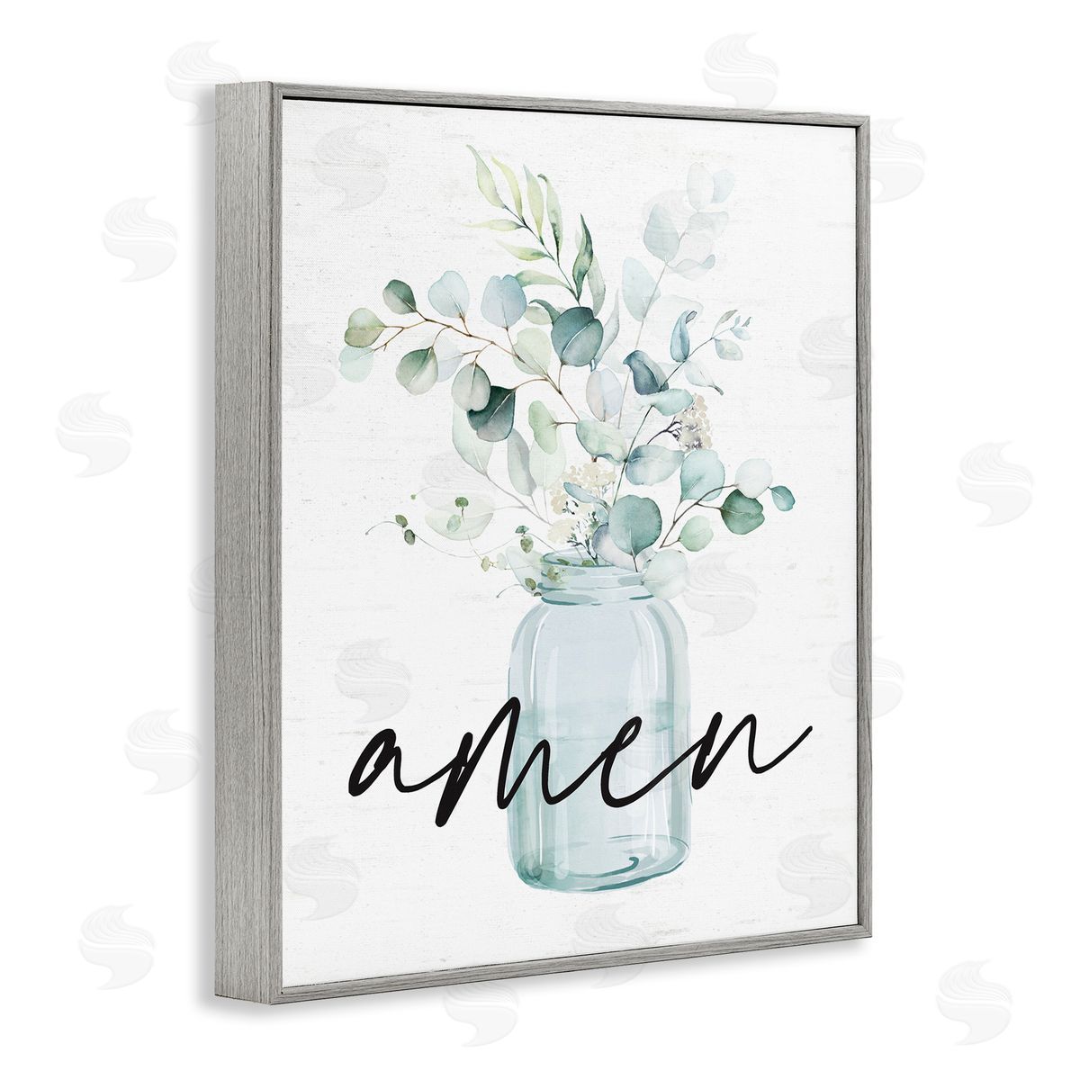 Lettered and Lined Amen Religious Calligraphy Eucalyptus Botanicals Country Jar Gray Framed Giclee Wall Art Print