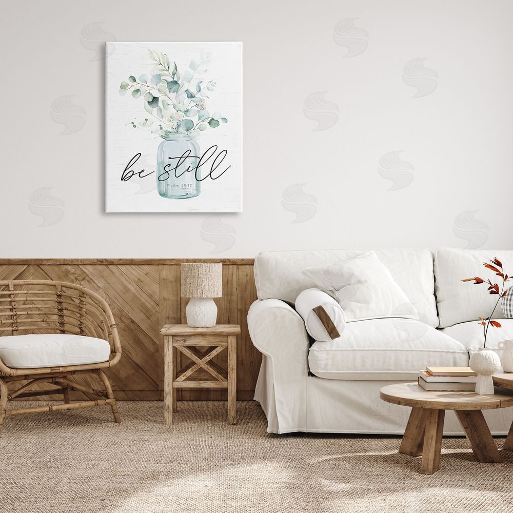 Lettered and Lined Be Still Spiritual Botanical Plants Farmhouse Bouquet  Canvas Wall Art Print in Room
