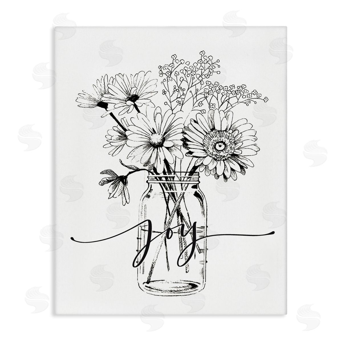 Lettered and Lined Joy Text Daisies Bouquet Detailed Line Stretched Canvas Wall Art Print