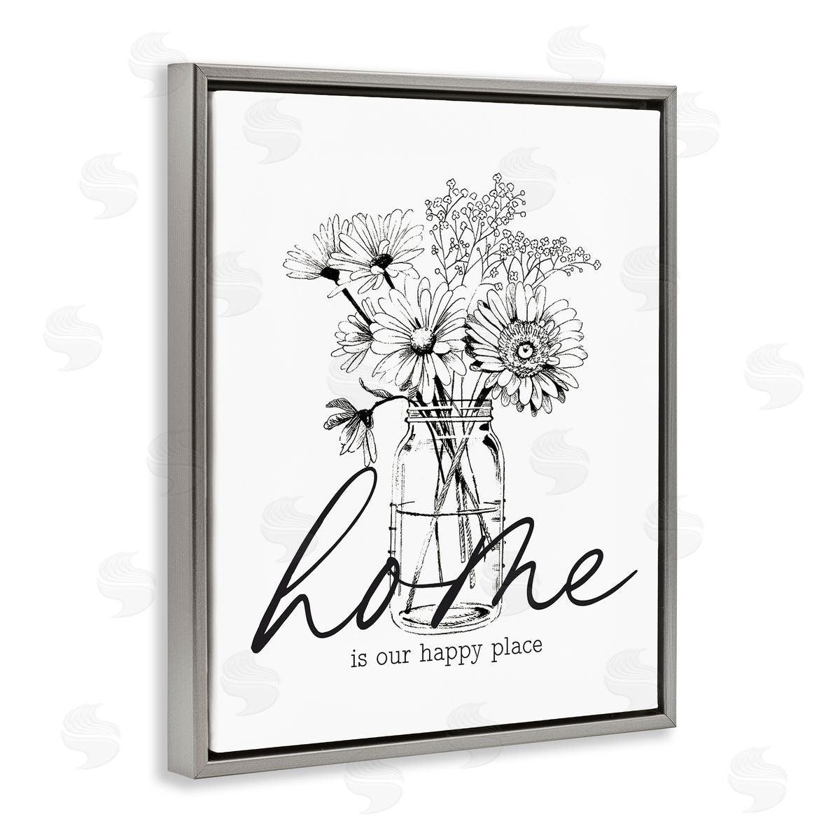 Lettered and Lined Home Happy Place Flower Blossoms Jar Bouquet  Gray Floating Frame Canvas Wall Art Print