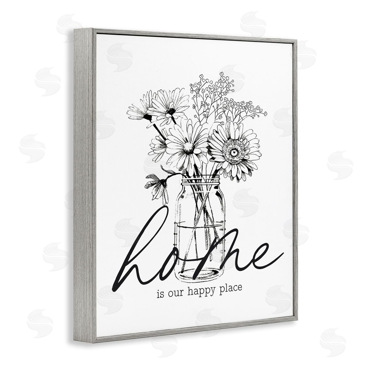Lettered and Lined Home Happy Place Flower Blossoms Jar Bouquet  Gray Framed Giclee Wall Art Print