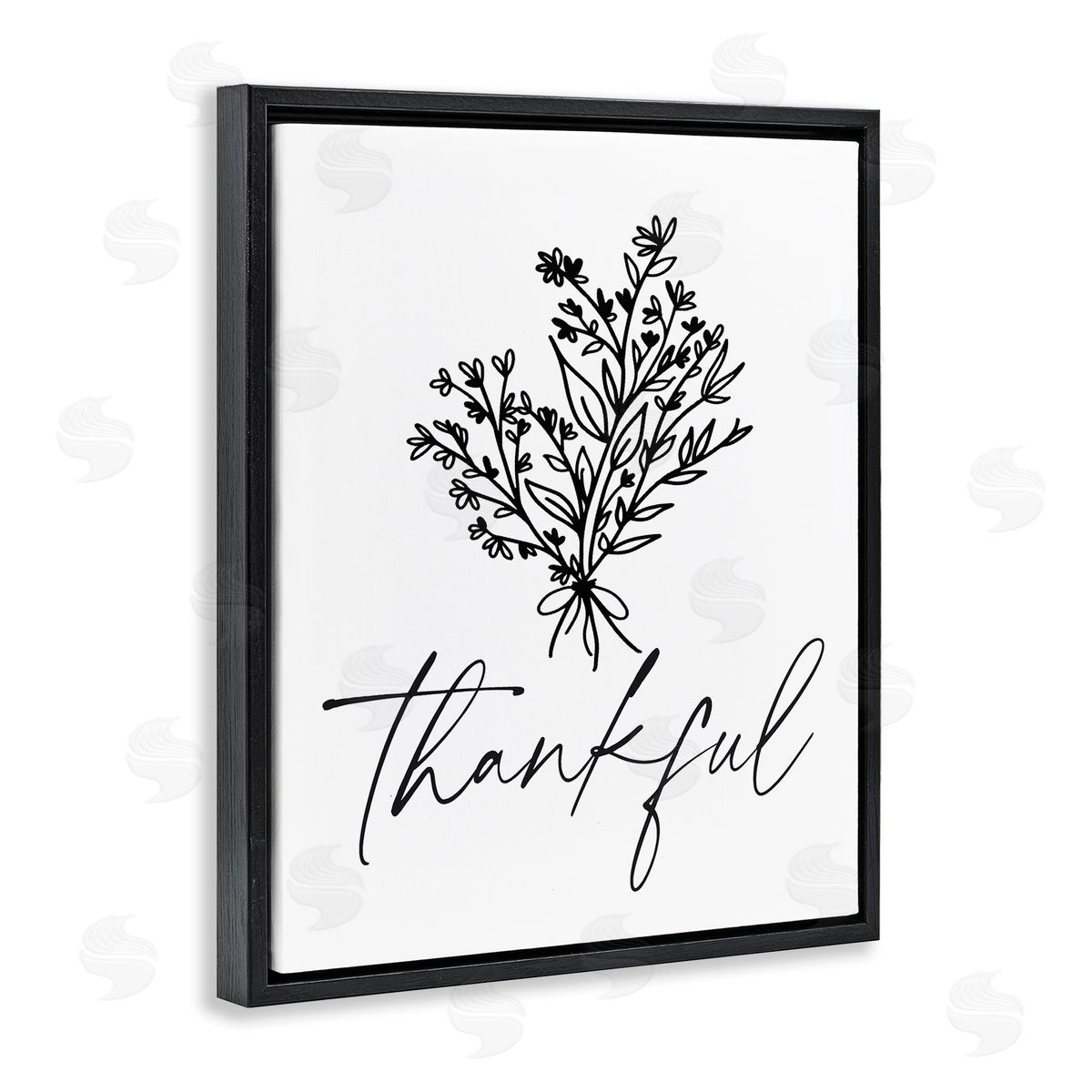 Lettered and Lined Thankful Script Delicate Botanical Blooms Petals Bouquet Black Floating Frame Canvas Wall Art Print