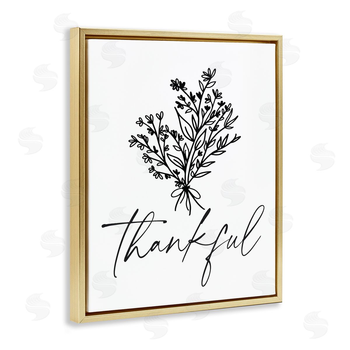 Lettered and Lined Thankful Script Delicate Botanical Blooms Petals Bouquet Gold Floating Frame Canvas Wall Art Print