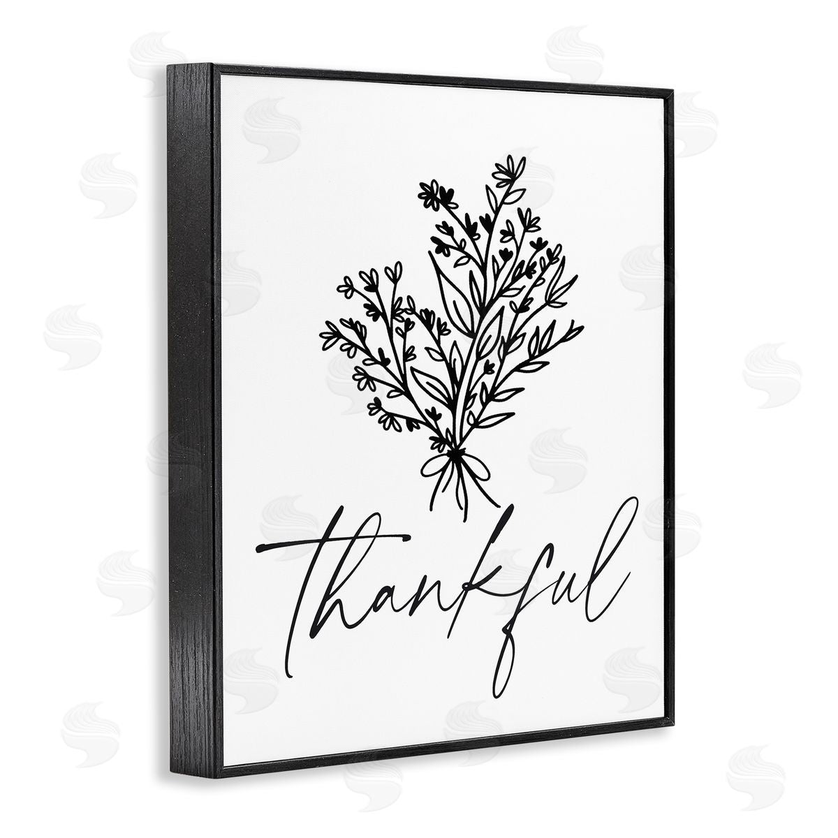 Lettered and Lined Thankful Script Delicate Botanical Blooms Petals Bouquet Black Framed Giclee Wall Art Print