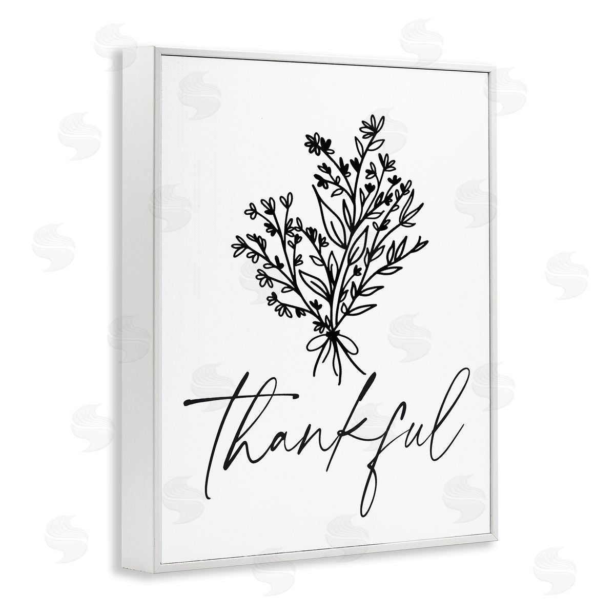 Lettered and Lined Thankful Script Delicate Botanical Blooms Petals Bouquet White Framed Giclee Wall Art Print