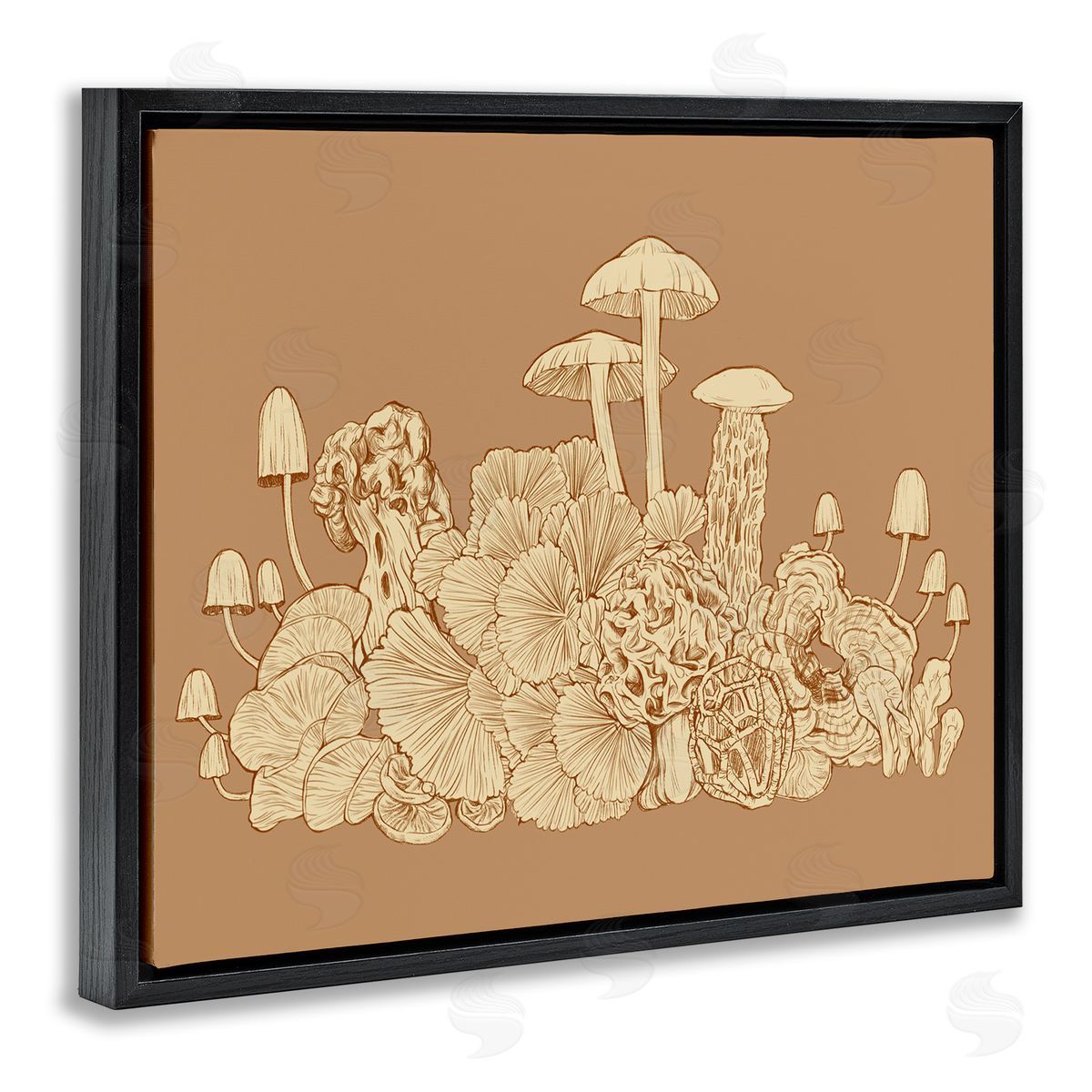 Ziwei Li Intricate Forest Mushrooms Plants Neutral Tones Drawing Black Floating Frame Canvas Wall Art Print