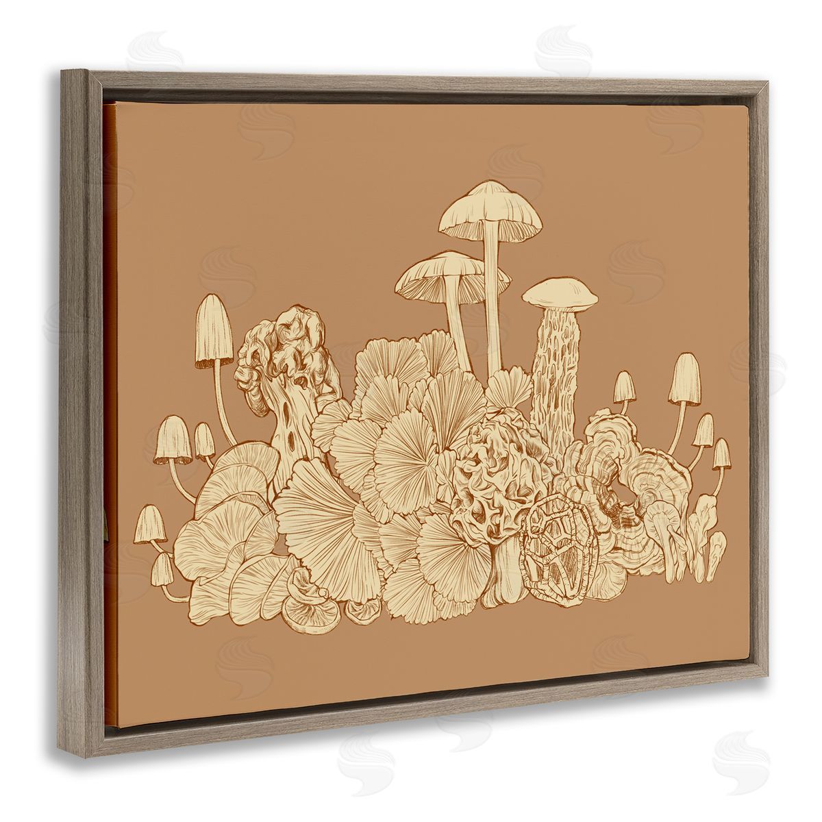 Ziwei Li Intricate Forest Mushrooms Plants Neutral Tones Drawing Brown Floating Frame Canvas Wall Art Print