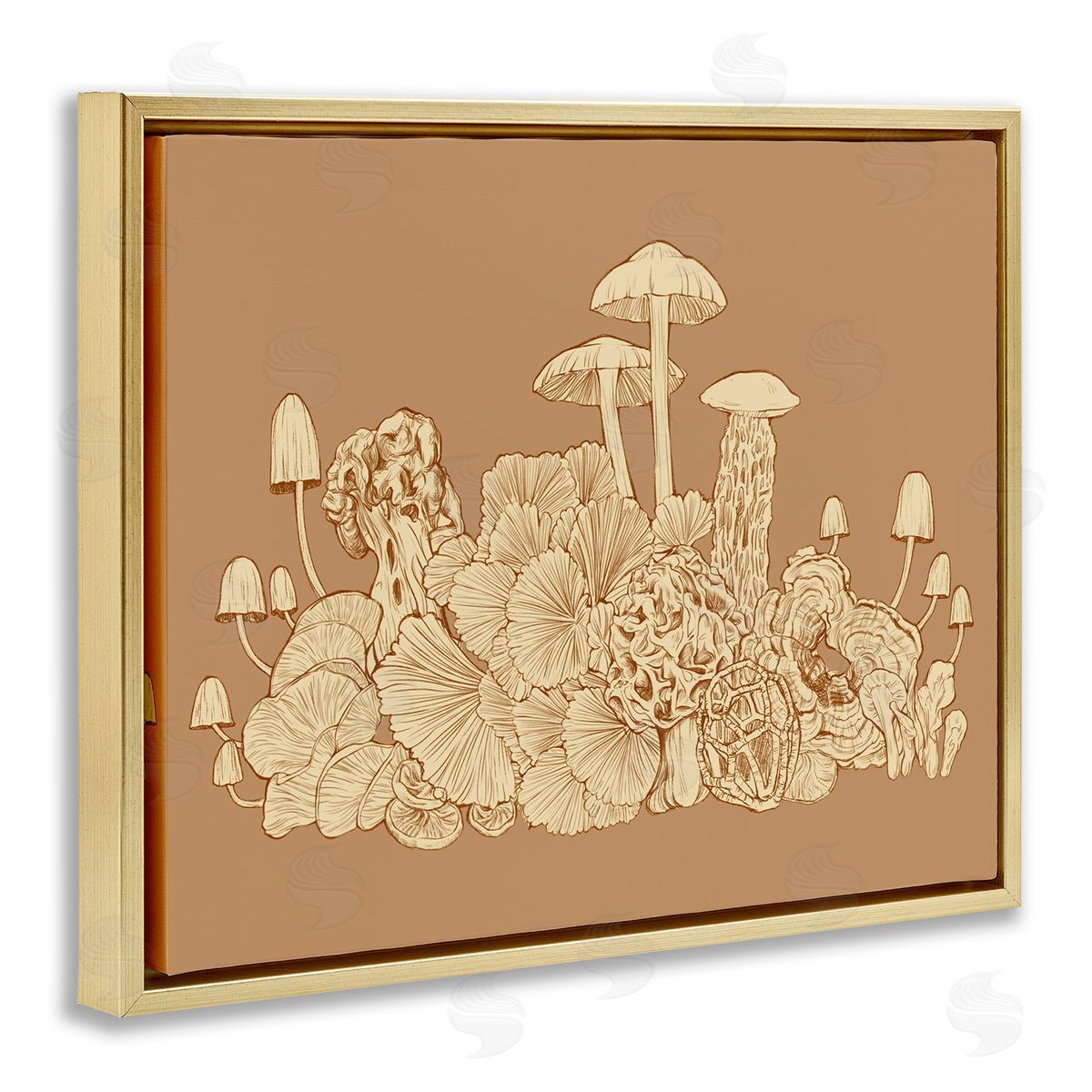 Ziwei Li Intricate Forest Mushrooms Plants Neutral Tones Drawing Gold Floating Frame Canvas Wall Art Print
