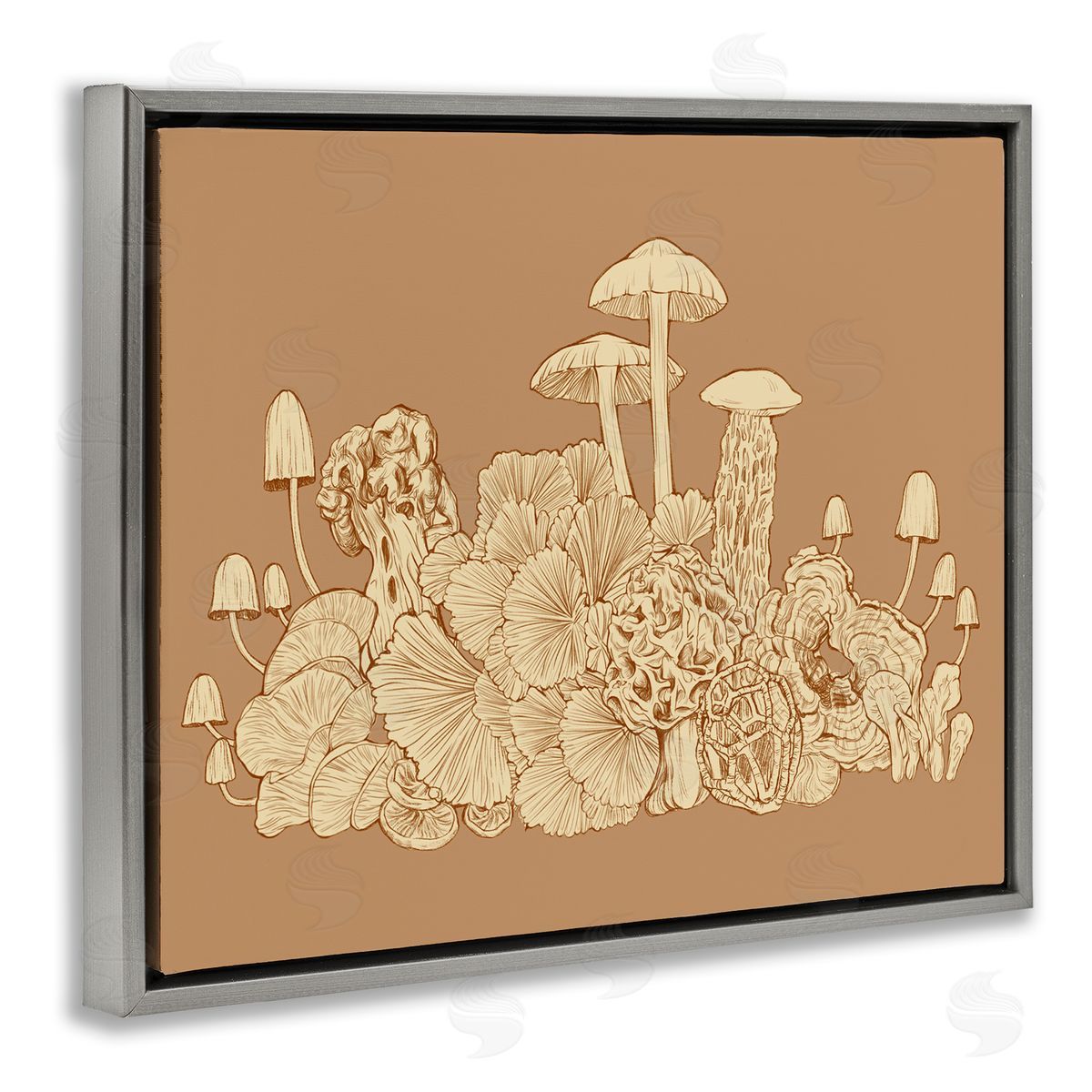 Ziwei Li Intricate Forest Mushrooms Plants Neutral Tones Drawing Gray Floating Frame Canvas Wall Art Print