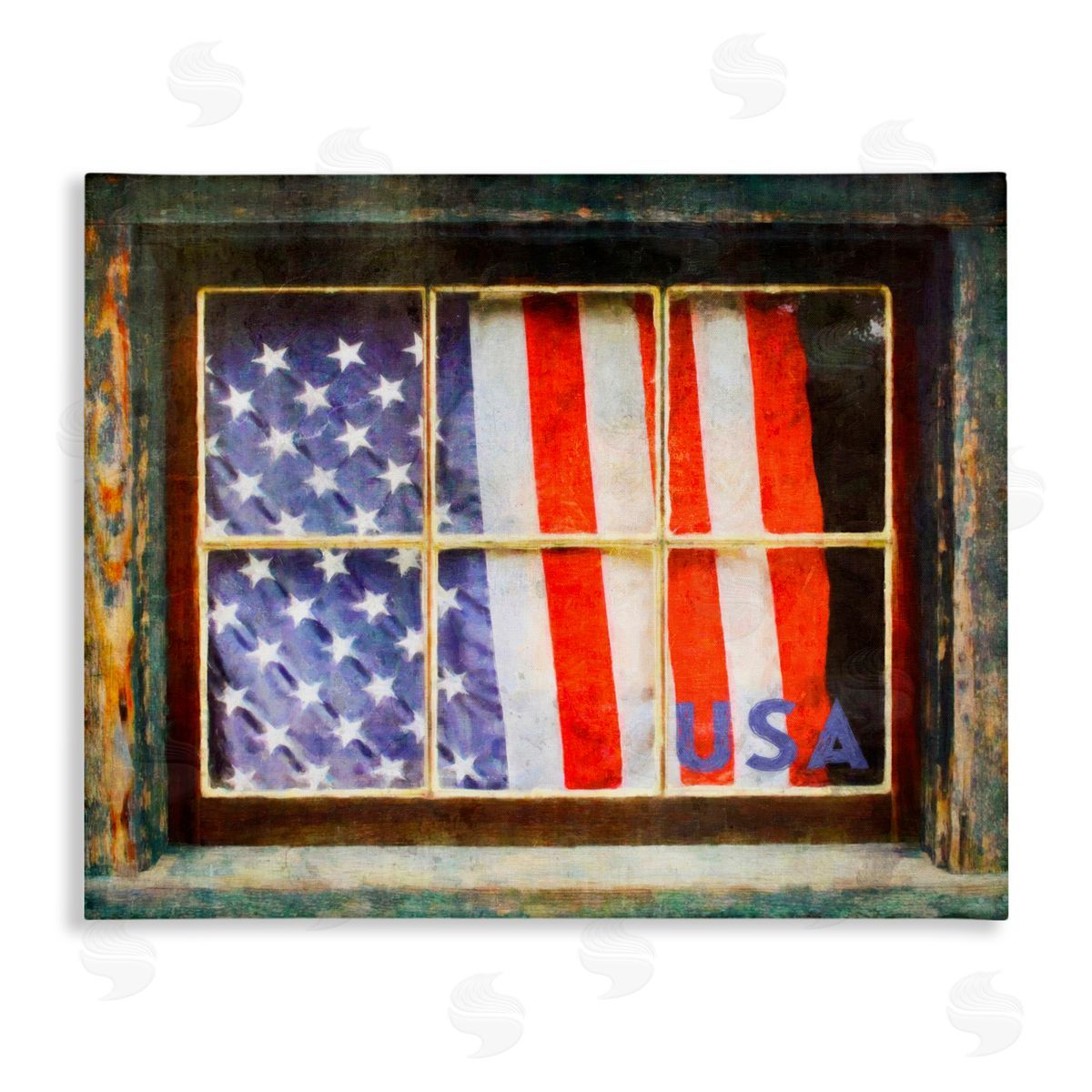 Graffitee Studios Patriotic American Flag Rustic Window Festive Home Stretched Canvas Wall Art Print