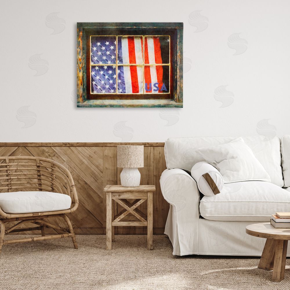 Graffitee Studios Patriotic American Flag Rustic Window Festive Home Canvas Wall Art Print in Room