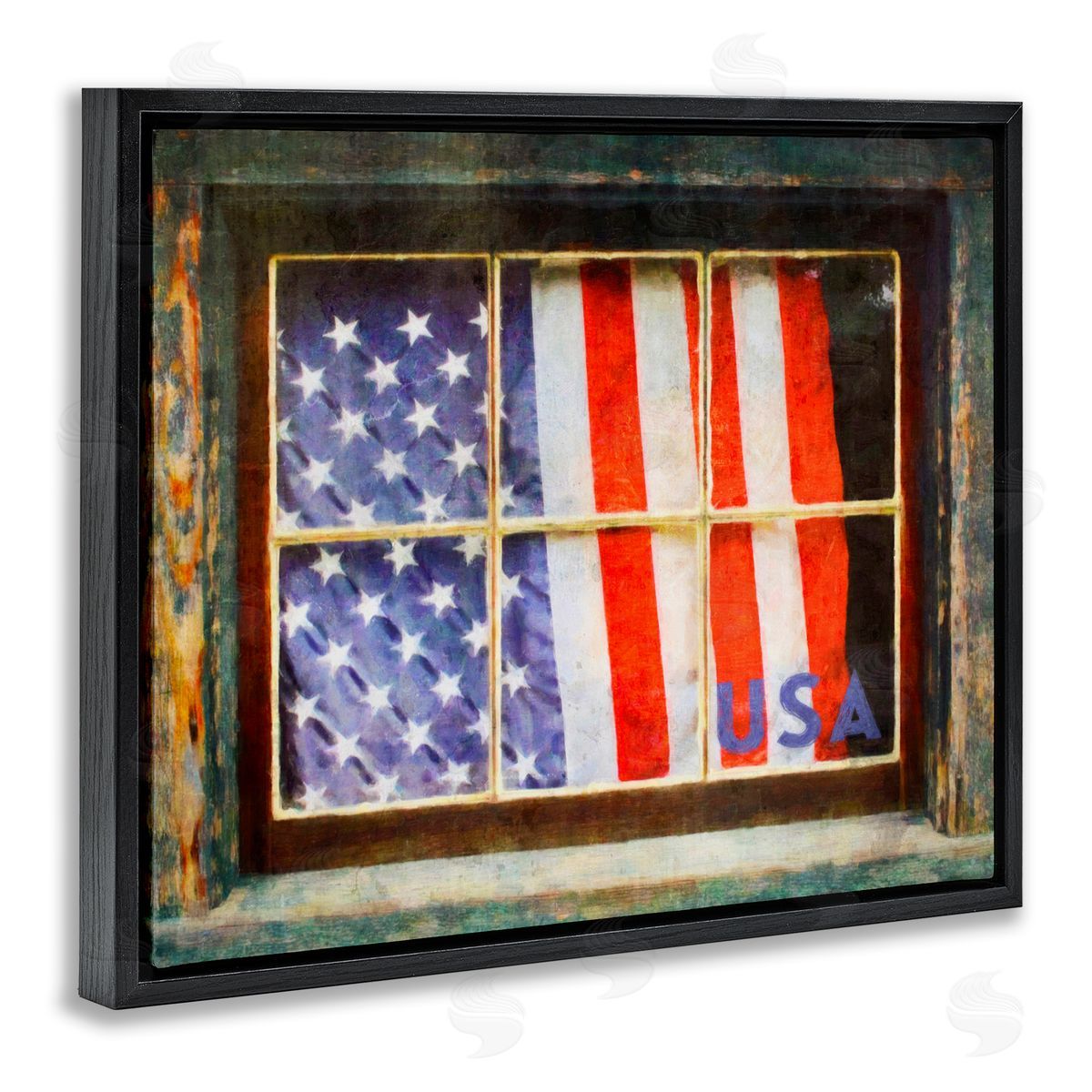 Graffitee Studios Patriotic American Flag Rustic Window Festive Home Black Floating Frame Canvas Wall Art Print