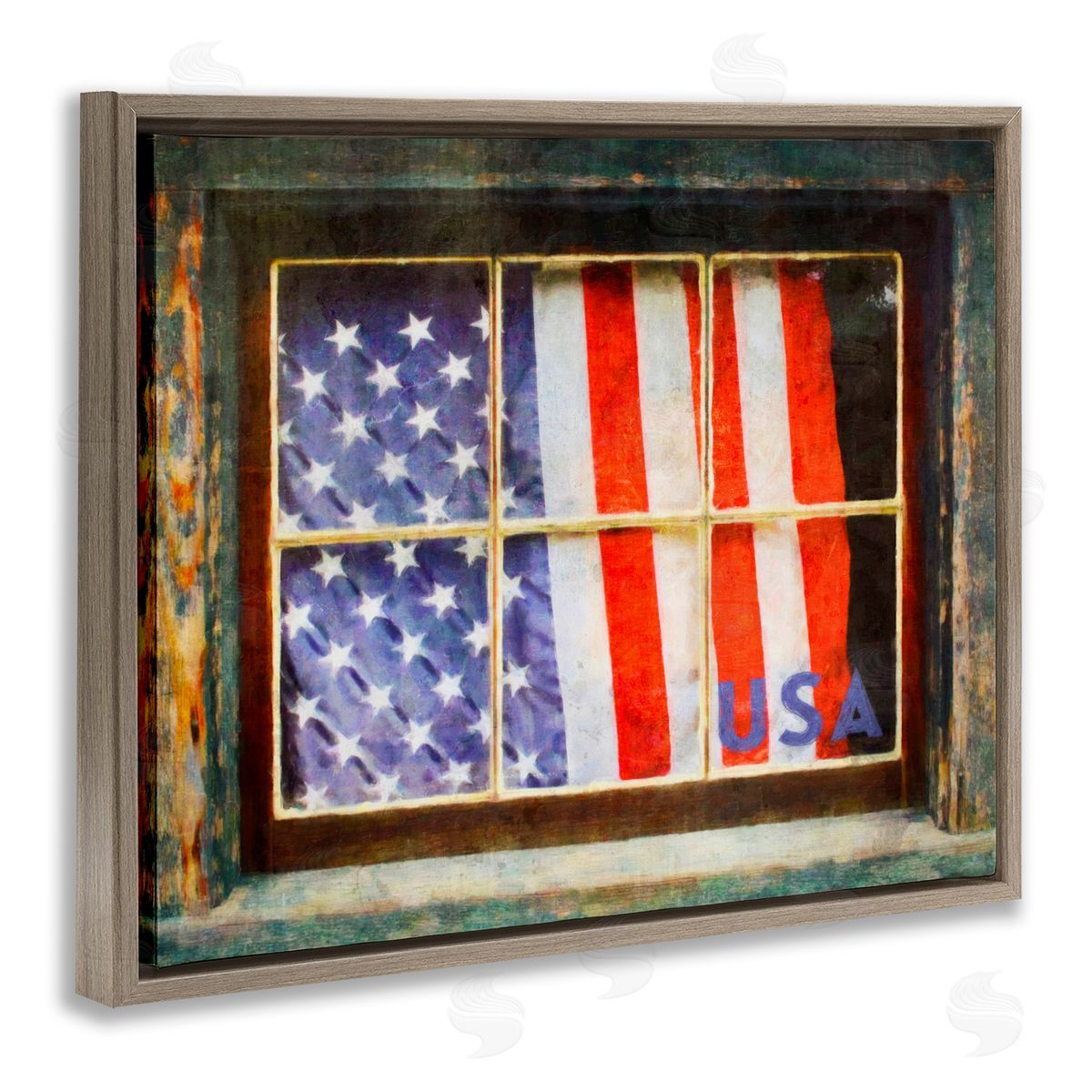 Graffitee Studios Patriotic American Flag Rustic Window Festive Home Brown Floating Frame Canvas Wall Art Print