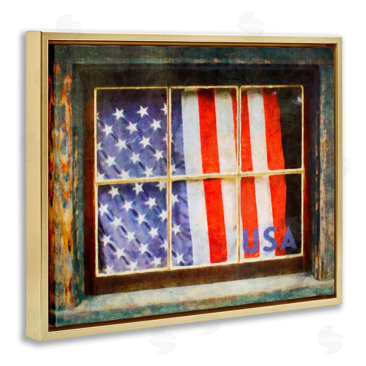 Graffitee Studios Patriotic American Flag Rustic Window Festive Home Gold Floating Frame Canvas Wall Art Print
