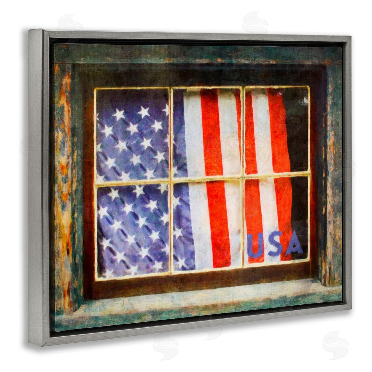 Graffitee Studios Patriotic American Flag Rustic Window Festive Home Gray Floating Frame Canvas Wall Art Print