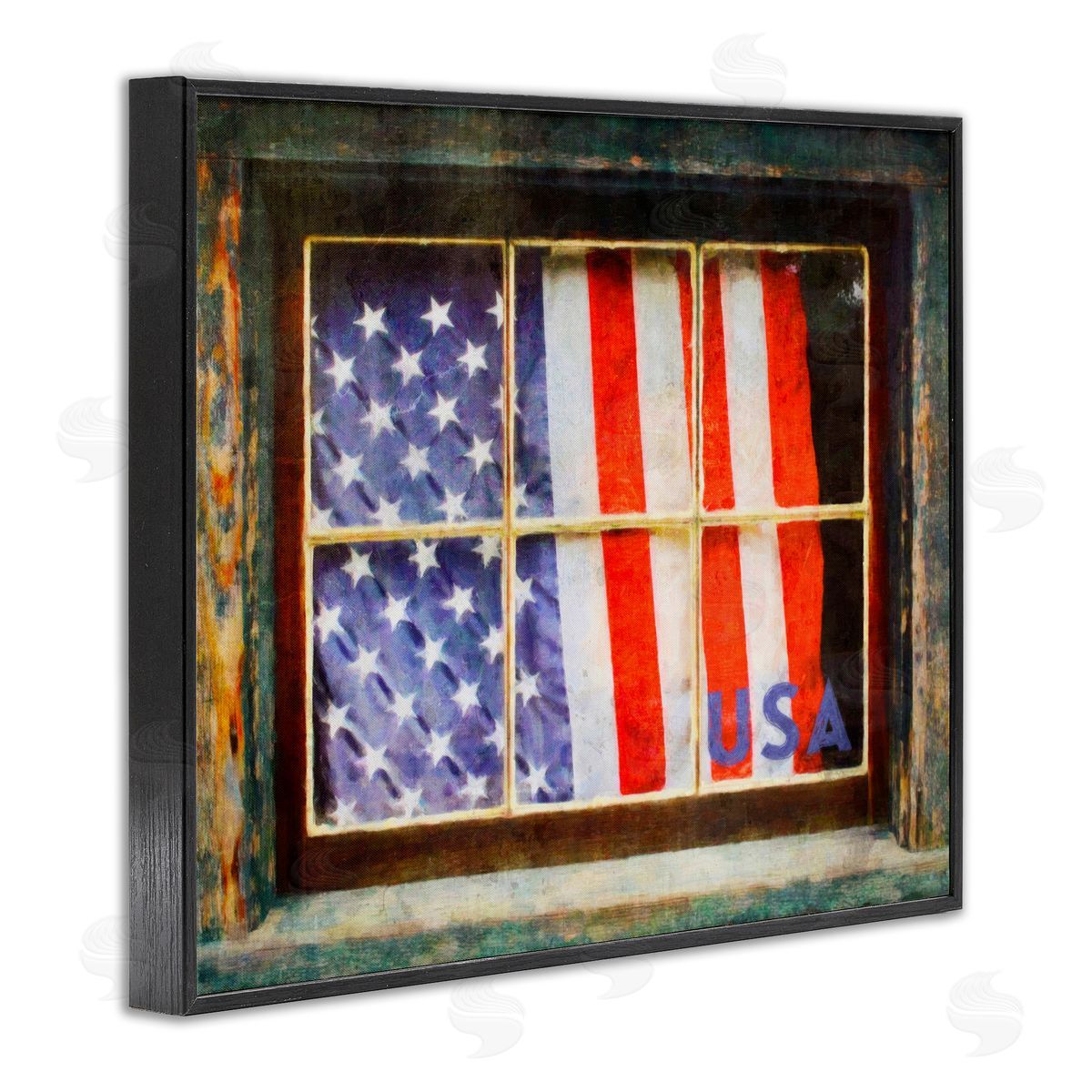 Graffitee Studios Patriotic American Flag Rustic Window Festive Home Black Framed Giclee Wall Art Print