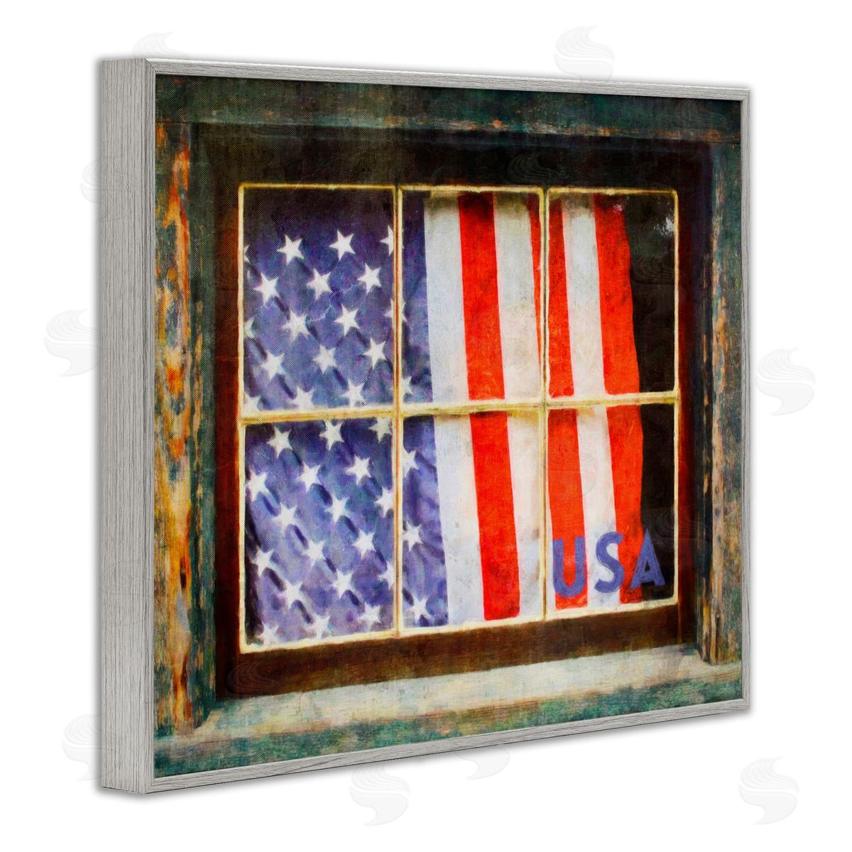 Graffitee Studios Patriotic American Flag Rustic Window Festive Home Gray Framed Giclee Wall Art Print