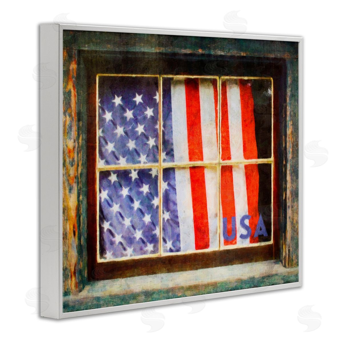 Graffitee Studios Patriotic American Flag Rustic Window Festive Home White Framed Giclee Wall Art Print