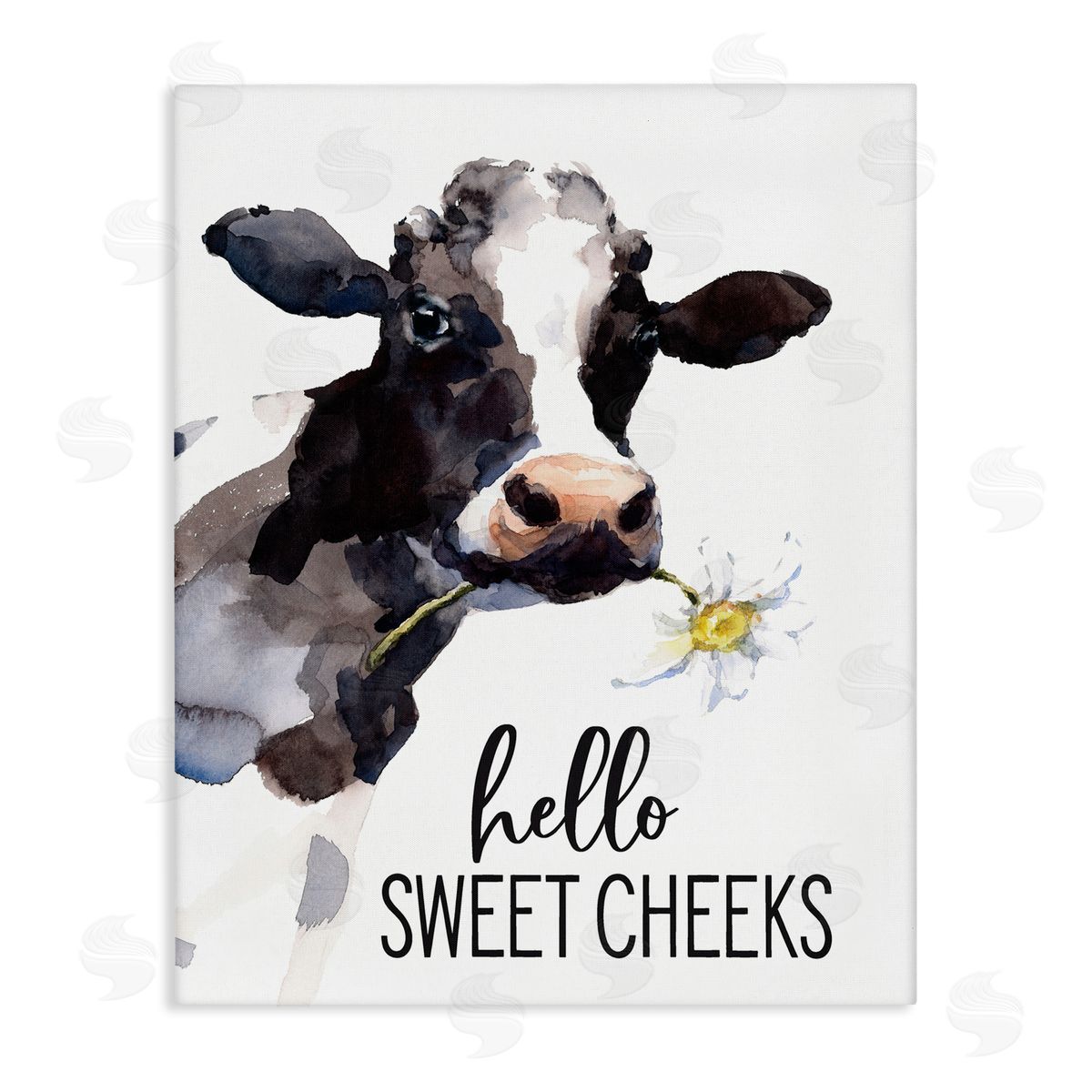 Lettered and Lined Hello Sweet Cheeks Country Cow Cattle Holding Flower Stretched Canvas Wall Art Print