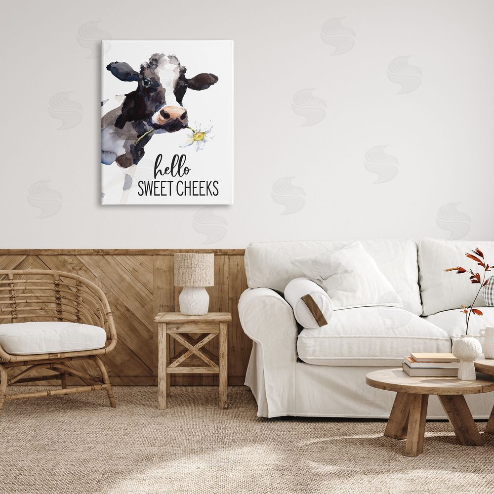 Lettered and Lined Hello Sweet Cheeks Country Cow Cattle Holding Flower Canvas Wall Art Print in Room
