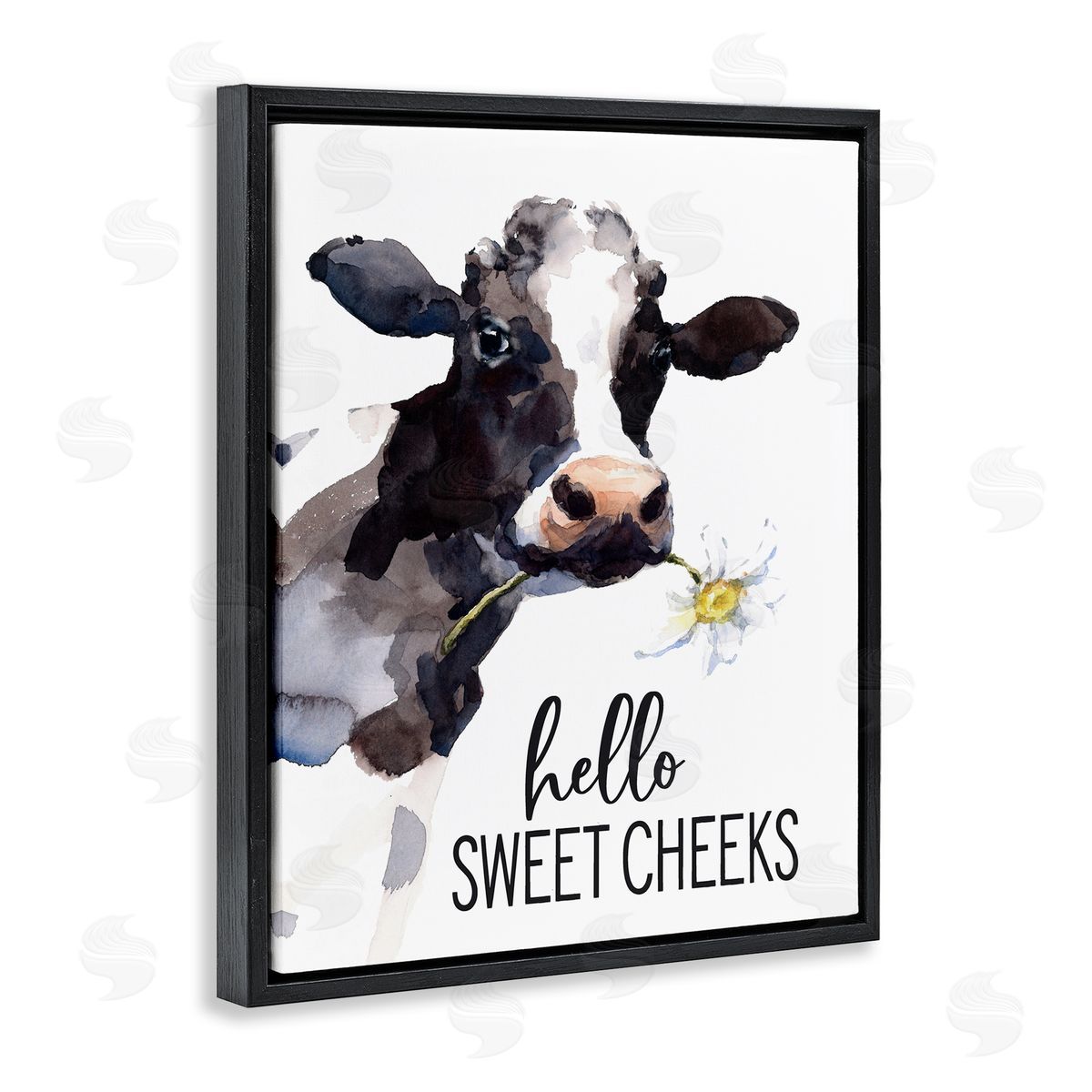 Lettered and Lined Hello Sweet Cheeks Country Cow Cattle Holding Flower Black Floating Frame Canvas Wall Art Print