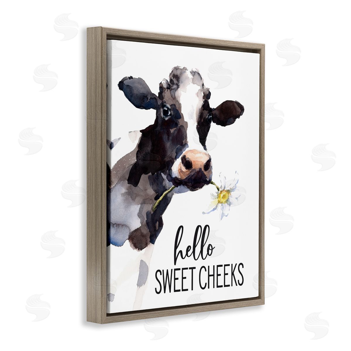 Lettered and Lined Hello Sweet Cheeks Country Cow Cattle Holding Flower Brown Floating Frame Canvas Wall Art Print