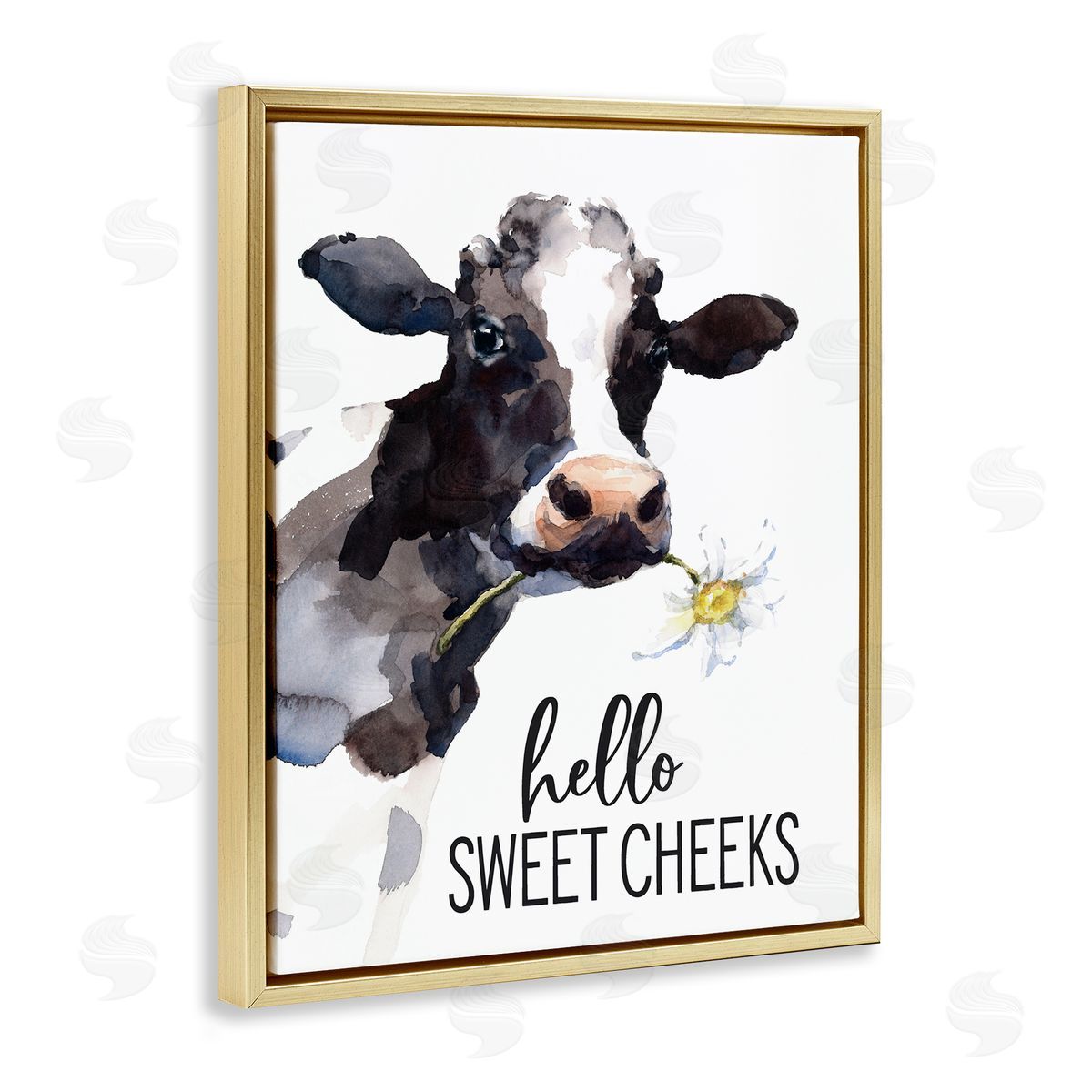 Lettered and Lined Hello Sweet Cheeks Country Cow Cattle Holding Flower Gold Floating Frame Canvas Wall Art Print
