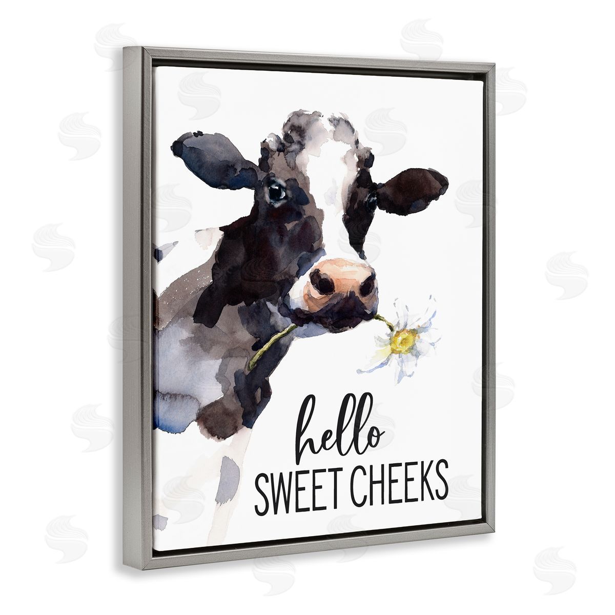 Lettered and Lined Hello Sweet Cheeks Country Cow Cattle Holding Flower Gray Floating Frame Canvas Wall Art Print