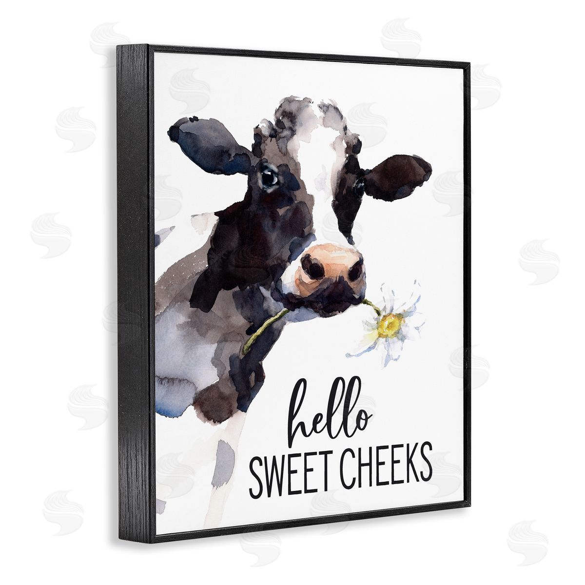 Lettered and Lined Hello Sweet Cheeks Country Cow Cattle Holding Flower Black Framed Giclee Wall Art Print