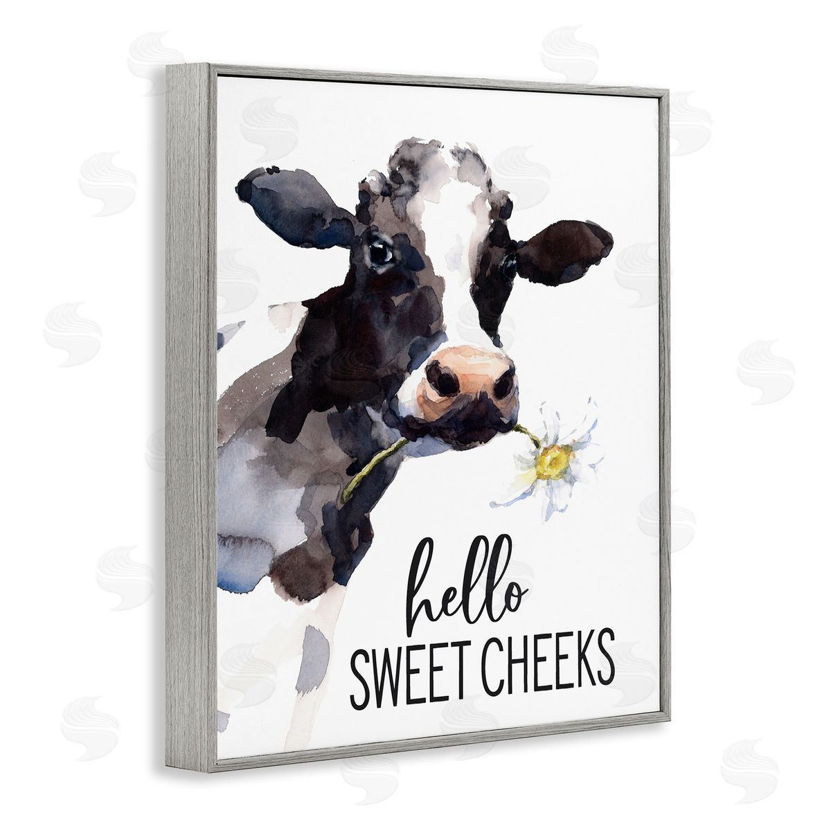 Lettered and Lined Hello Sweet Cheeks Country Cow Cattle Holding Flower Gray Framed Giclee Wall Art Print