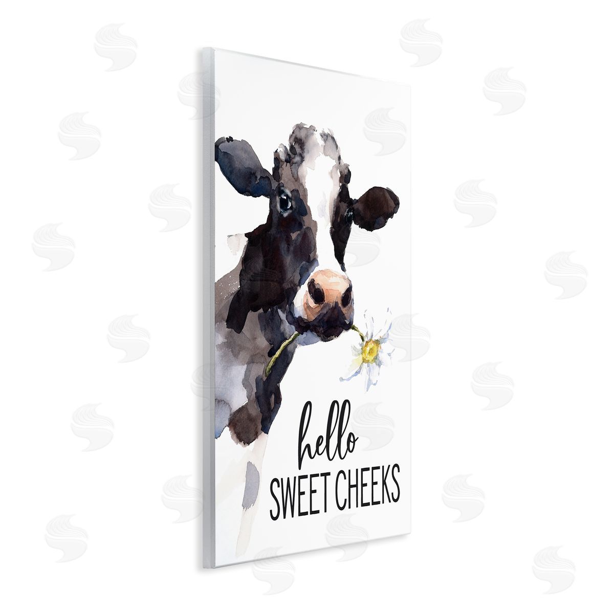 Lettered and Lined Hello Sweet Cheeks Country Cow Cattle Holding Flower Wall Plaque Art Print