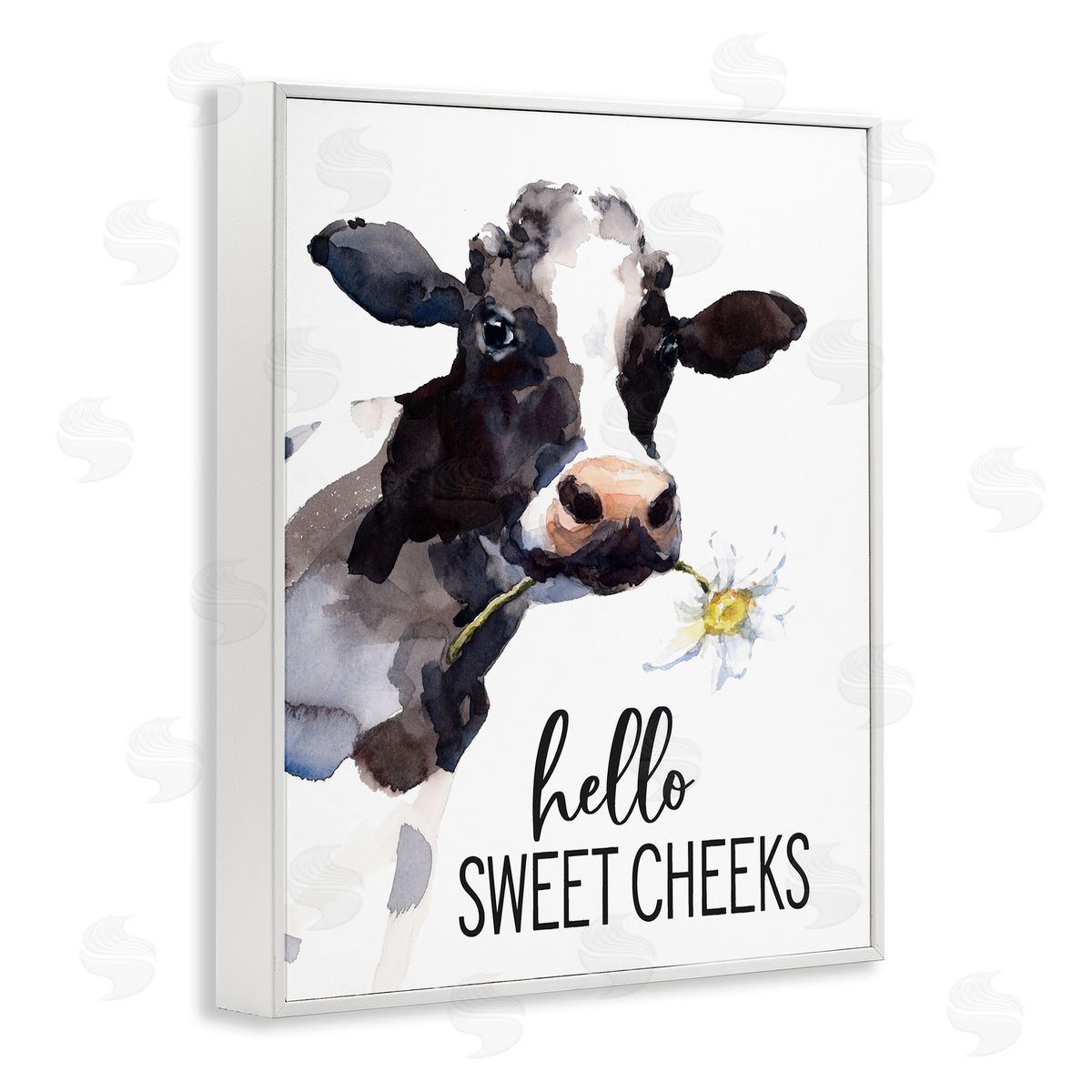 Lettered and Lined Hello Sweet Cheeks Country Cow Cattle Holding Flower White Framed Giclee Wall Art Print