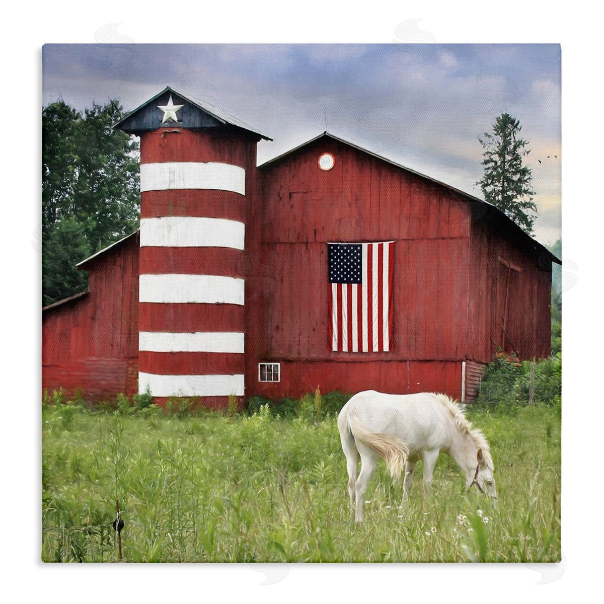 Lori Deiter Grazing White Horse Red Americana Barn Flag  Stretched Canvas Wall Art Print