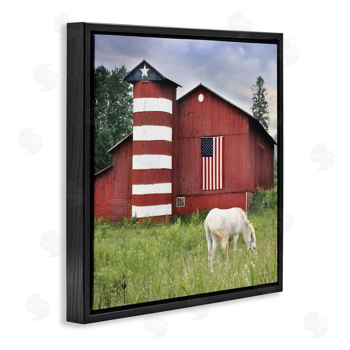 Lori Deiter Grazing White Horse Red Americana Barn Flag  Black Floating Frame Canvas Wall Art Print