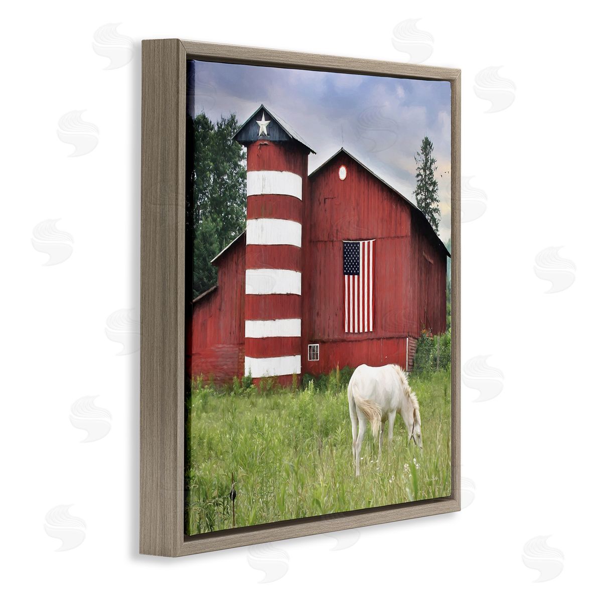 Lori Deiter Grazing White Horse Red Americana Barn Flag  Brown Floating Frame Canvas Wall Art Print