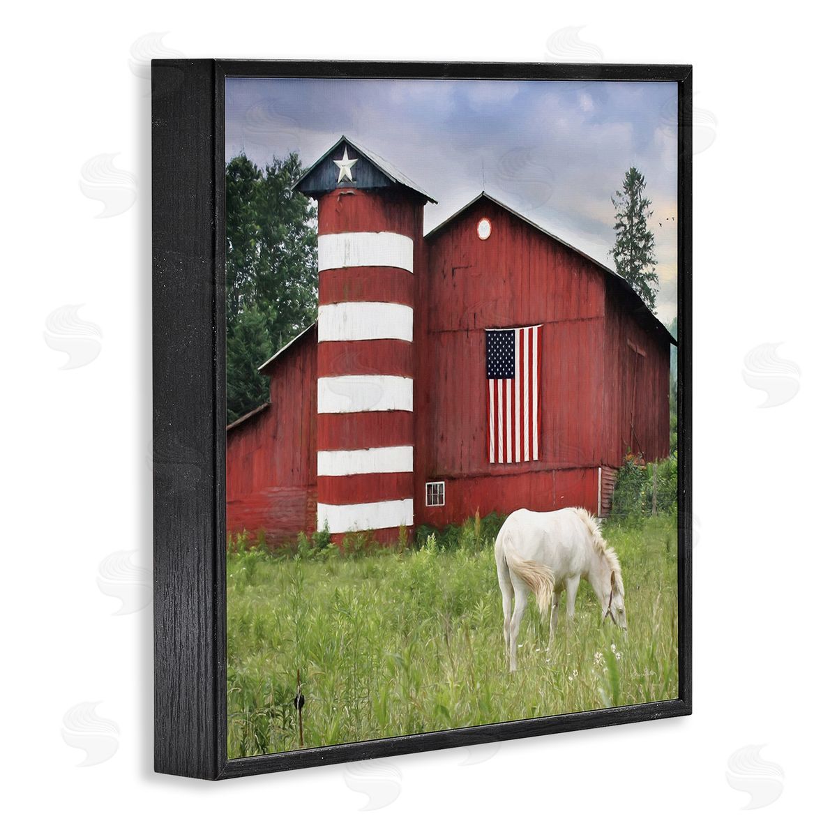 Lori Deiter Grazing White Horse Red Americana Barn Flag  Black Framed Glicee Wall Art Print